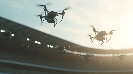 Poster - A group of drones flying in formation above a stadium, with room for text in the sky 