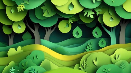 Aufkleber - Vibrant paper cutout illustration of lush green trees with delicate leaves and fresh water droplets representing sustainability themes