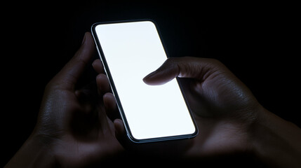 Poster - Smartphone in hands with blank screen display in dark room. Person using smartphone with touch screen display in dark
