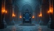 © miss irine - Majestic gothic dark fantasy hall with throne, torches, perfect for mediaeval fantasy settings. Eerie castle interior with stone walls, candle light creating atmospheric mood. Grand palace with