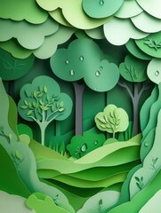 Aufkleber - Explore vibrant layers of green trees, delicate leaves, and refreshing droplets in an eco friendly paper cutout design