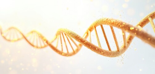 Aufkleber - Golden DNA molecule close-up. Deoxyribonucleic acid concept. Genetic biotech engineering, white neon style, science background. Scientific illustration genetics, molecular biology, medical research,