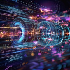 Leinwandbilder - Abstract Data Flow: Digital Information Transfer with Neon Glow and Circuitry Visuals 