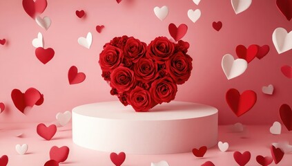 Wall Mural - A white podium with red roses in the shape of a heart on it, surrounded by scattered small and large hearts made from paper or fabric
