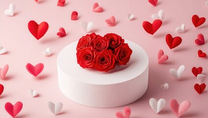 Wall Mural - A white podium with red roses in the shape of a heart on it, surrounded by scattered small and large hearts made from paper or fabric