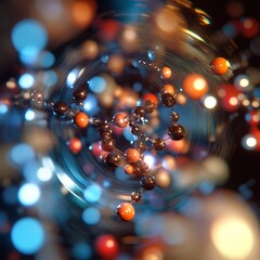 Poster - Abstract Molecular Structure with Swirling Background: A Visual Exploration of Atomic Connections and Dynamic Motion