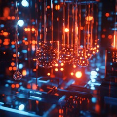 Aufkleber - Abstract Sci-Fi Tech: Glowing Orbs & Reflections, Futuristic Design, Geometric Shapes, Neon Lighting in Cyberpunk Style