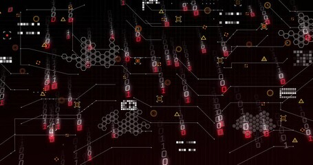Poster - Animation of binary code and geometric patterns forming network on dark background