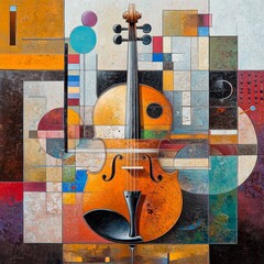 Aufkleber - Abstract Violin Composition: A Symphony of Colors and Geometric Forms in Modern Art Painting.
