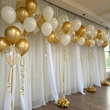 A stylish celebration design featuring elegant gold and white balloons.