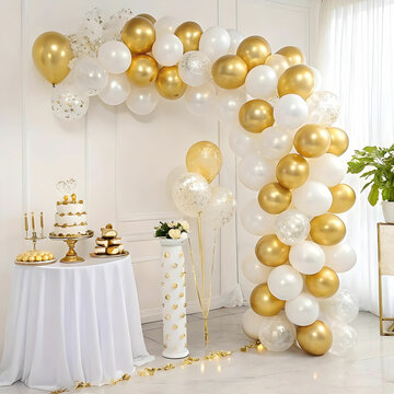 A stylish celebration design featuring elegant gold and white balloons.