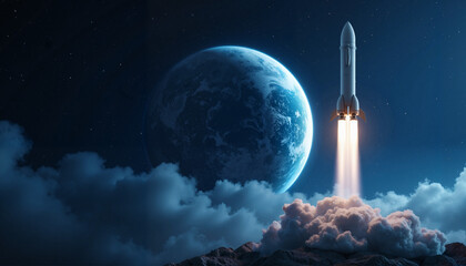 Rocket launching towards large planet in outer space, cosmic exploration