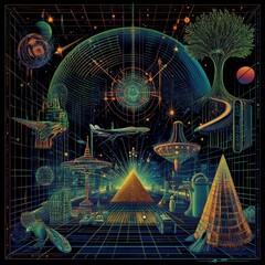 Aufkleber - Cyberpunk Cityscape: A neon-lit futuristic metropolis with pyramids, spaceships, and vibrant grid patterns against a dark, cosmic backdrop.