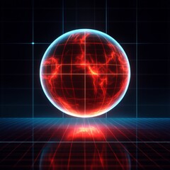 Poster - Digital Grid Sphere with Internal Lava and Reflection on a Networked Surface, futuristic design for technology or science.