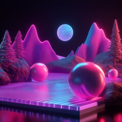 Aufkleber - Neon Cyberpunk Landscape: Abstract Scene with Spheres, Trees, and Moon Against a Dark Background