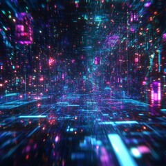 Poster - Neon Grid: Abstract Futuristic Cityscape with Glowing Lights and Deep Perspective