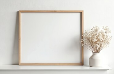 Aufkleber - Horizontal frame with passepartout on white wall with dry gypsophila plant in vase. Blank mockup for artwork, print photo presentation. Minimalistic scandinavian style room interior. Home decor