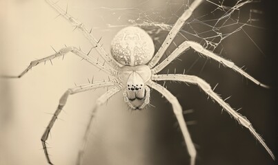 Delicate spider hanging from a web, its intricate details softly illuminated against a blurred natural background for a captivating wildlife macro
