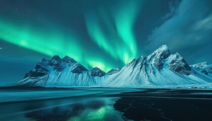 breathtaking sight of emerald aurora borealis illuminating night sky above snow-covered mountain ran