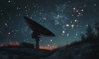 Satellite Dish Against a Starry Sky with Network Connections