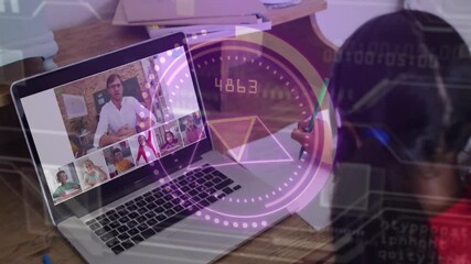 Poster - Virtual meeting on laptop with digital data processing animation overlay