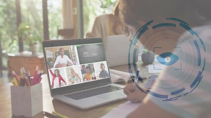 Poster - Virtual meeting on laptop screen with digital eye animation overlay