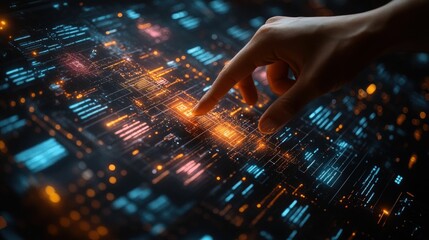 Finger interacts glowing digital interface futuristic technology