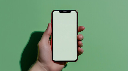 Poster - Smartphone in hand with blank screen on green background showcasing modern technology and mobile device held by person for communication and digital access