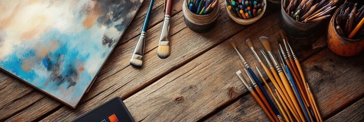 Poster - Creative tools scattered across an artistic workspace featuring brushes, pencils, and a digital tablet on a wooden table