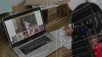 Poster - In school, student writing at desk while teacher on laptop screen in animation
