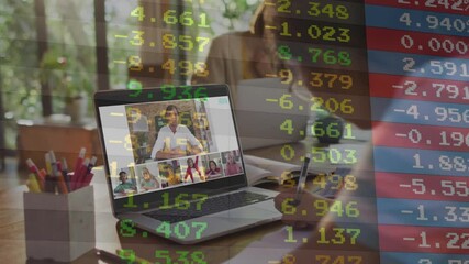 Poster - In home office, animation of stock market data overlaying video conference on laptop