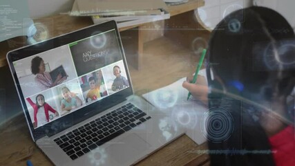 Poster - Child participating in online class with digital data processing animation overlay