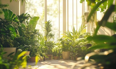 Wall Mural - Lush indoor garden with vibrant green plants, softly illuminated by diffused sunlight to create a serene and fresh atmosphere