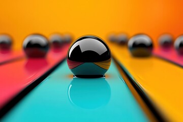 Poster - Spheres in glossy black rest on a bright surface filled with bold colors, creating a captivating visual contrast that draws attention