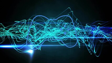 Poster - animation of abstract blue light waves forming patterns on dark background