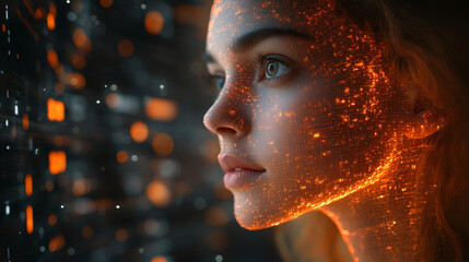 Poster - A woman's face illuminated by glowing lights representing the impact of ai-powered demand forecasting in procurement insights