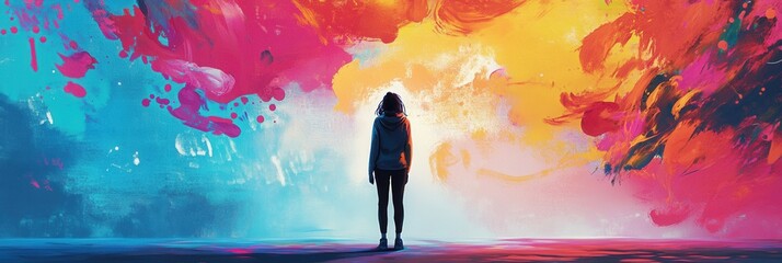 Poster - Artist immersed in creative energy before a giant canvas filled with vibrant paint splashes