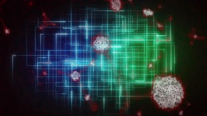 Poster - Animation of glowing blue and green grid with abstract red and white shapes