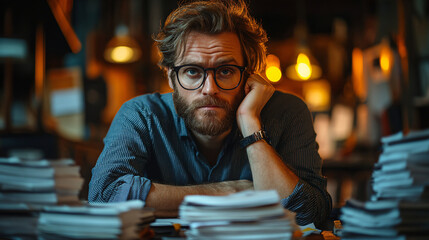 Poster - Burned-out professional with glasses sitting at a table surrounded by stacks of paper and office supplies in a dim room