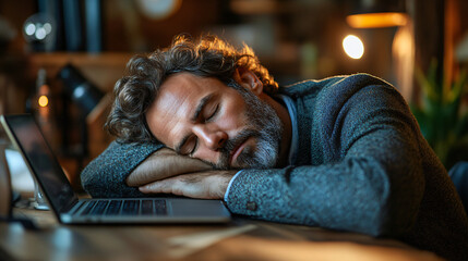 Poster - Businessman sleeping on laptop with his head resting on an open device while sitting at his desk in an office environment