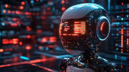 Poster - futuristic chatbot robot with red light on face emphasizing advanced technology in customer service 
