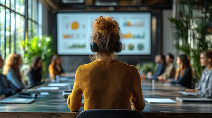 Aufkleber - Corporate procurement strategy development meeting with a woman sitting at a table working on a laptop in office