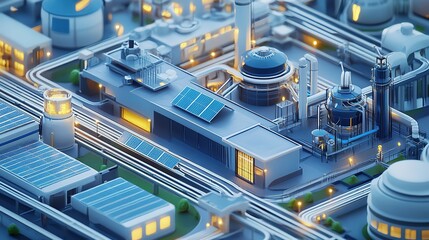 Poster - An eco-friendly automated factory with robotic production lines and solar panels.