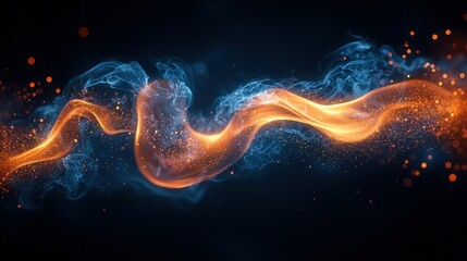 Wall Mural - flowing ribbon of light, blue and orange, with sparks, on dark backdrop