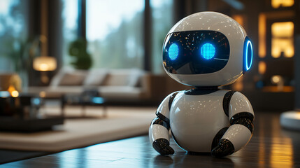 Poster - Friendly robot perched on table in clean modern ui space showcasing advanced ai technology and user interaction