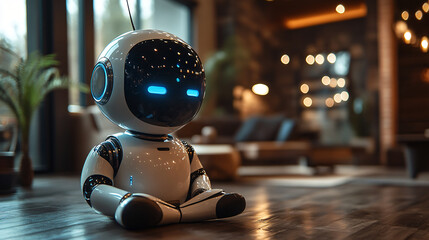 Poster - Friendly ai chatbot sitting on a modern table with a clean user interface and a futuristic design aesthetic