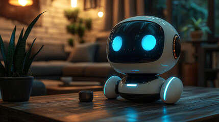 Poster - Friendly ai chatbot sitting on a modern table with a clean user interface and a futuristic design aesthetic