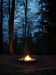 Poster - Solitary campfire flickering in forest clearing at night surrounded by dark trees with space for text Generative AI