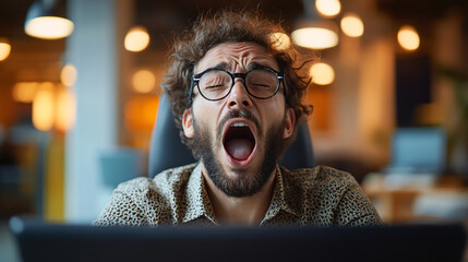 Poster - Bearded man wearing glasses yawning in office while struggling to meet work deadline and feeling overwhelmed