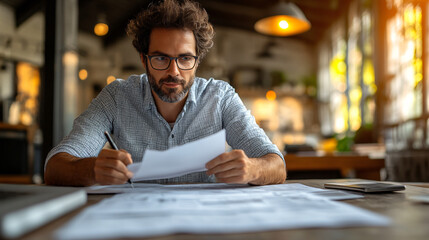 Fototapete - Procurement professional sitting at a table with a laptop and papers while managing purchase orders and documentation